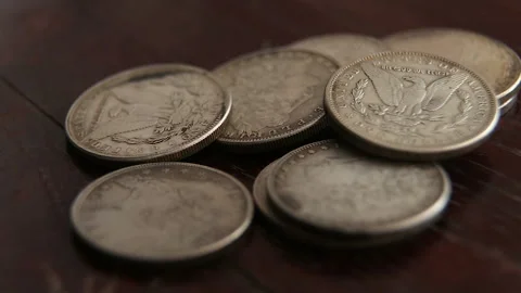 Collection of old coins Dollars Stock Footage 87388924