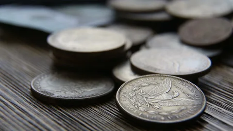 Collection of old coins Dollars Stock Footage 87388926