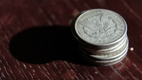 Collection of old coins Dollars Stock Footage 87389024