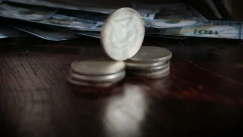 Collection of old coins Dollars Stock Footage 87389096