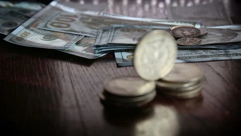 Collection of old coins Dollars Stock Footage 87389204