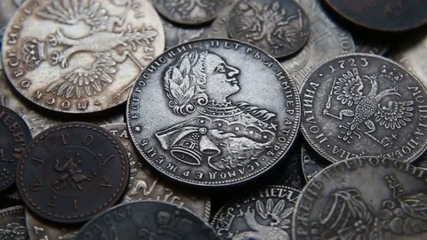 Collection of old coins Stock Footage 82571639