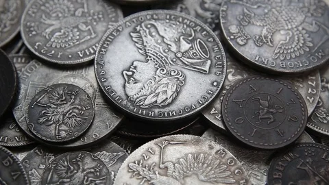 Collection of old coins Stock Footage 82575223