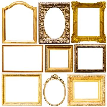 Collection of old empty art frames in different shapes isolated Stock Photos