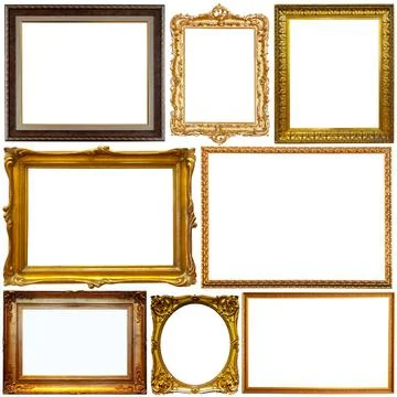 Collection of old empty art frames in different shapes isolated Stock Photos