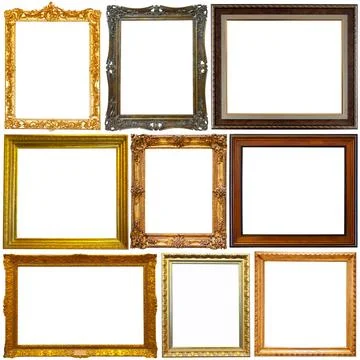 Collection of old empty art frames in different shapes isolated Stock Photos