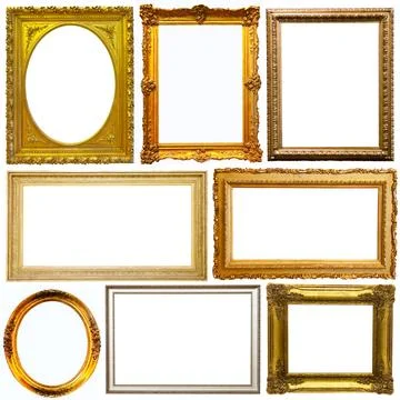Collection of old empty art frames in different shapes isolated Stock-Fotos