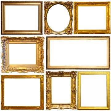Collection of old empty art frames in different shapes isolated Stock Photos