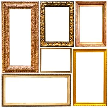 Collection of old empty art frames in different shapes isolated Stock Photos