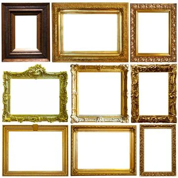 Collection of old empty art frames in different shapes isolated Stock Photos