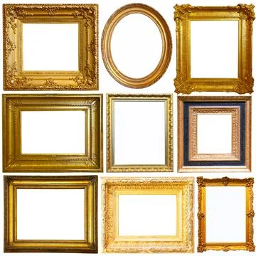 Collection of old empty art frames in different shapes isolated Stock Photos