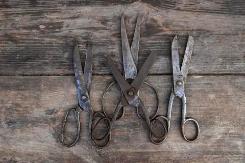 Collection of old metal scissors. Stock Photos