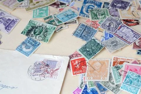 Collection of old postage stamps 스톡 사진