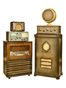 Collection of old radio's isolated on white Stock Photos