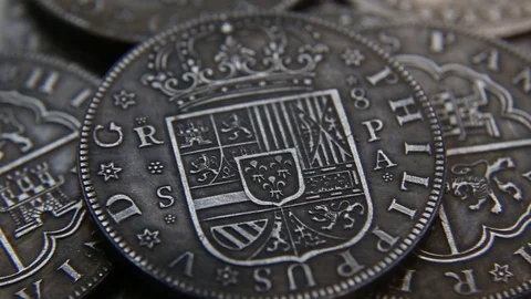 Collection of old Spanish coins 库存影片 82575015