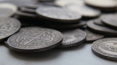 Collection of old Spanish coins Stock Footage 82575409