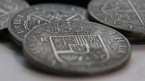 Collection of old Spanish coins Stock Footage 82575463