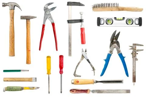 Collection of old tools, isolated on white Stock Photos