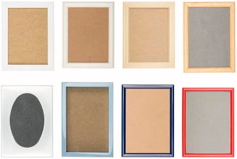 Collection of old used picture frames with different backgrounds, isolated on Stock Photos