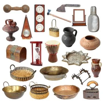 Collection of old weathered  objects isolated over white background ready for Stock Photos