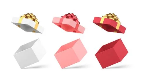 Collection open empty festive gift boxes with metallic bow ribbon 3d isometri Illustrazione stock