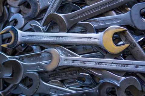 A collection of Open ended spanner and wrenches Stock Photos