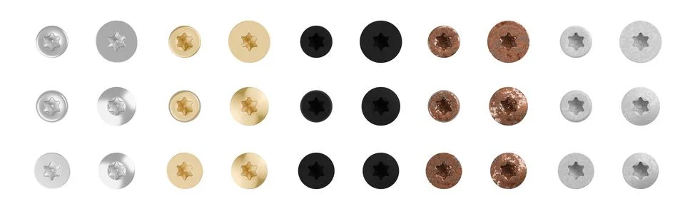 Collection or set of hexalobular socket screw heads with different material.. 库存插图