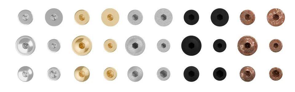Collection or set ofhexagon socket screw heads with different materials, is.. Stock Illustration