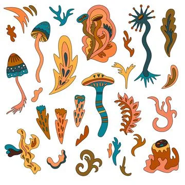 Collection of organic nature elements. Psychedelic mushrooms shapes, isolated on Stock Illustration