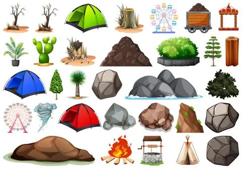 Collection of outdoor nature themed objects and plant elements Stock Illustration