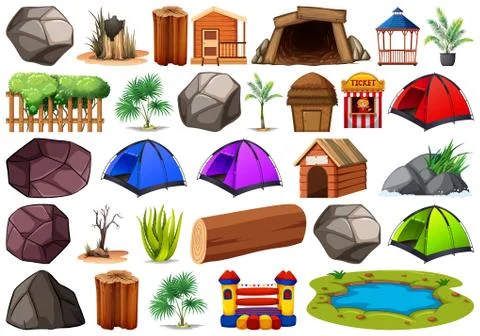 Collection of outdoor nature themed objects and plant elements Stock Illustration