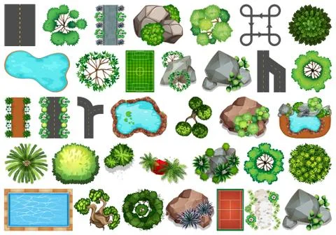 Collection of outdoor nature themed objects and plant elements Stock Illustration