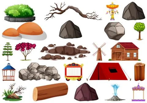 Collection of outdoor nature themed objects and plant elements Ilustração Stock