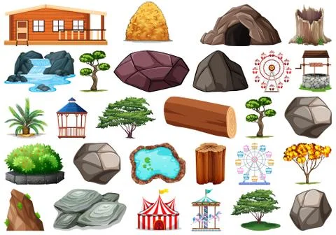 Collection of outdoor nature themed objects and plant elements Ilustração Stock