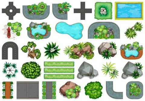 Collection of outdoor nature themed objects and plant elements Stock Illustration