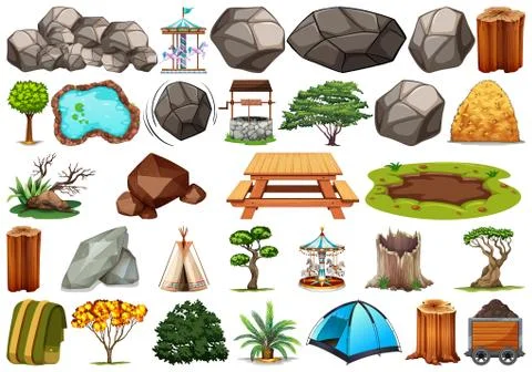 Collection of outdoor nature themed objects and plant elements Stock Illustration