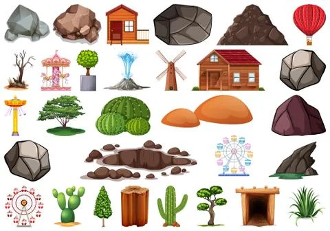 Collection of outdoor nature themed objects and plant elements Ilustração Stock