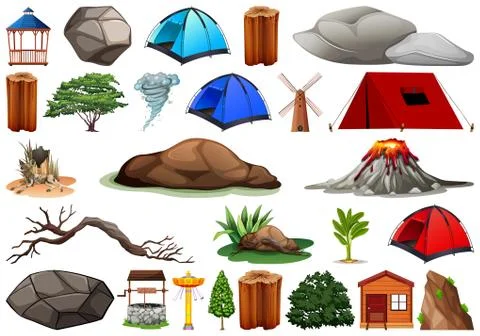 Collection of outdoor nature themed objects and plant elements Ilustración de archivo