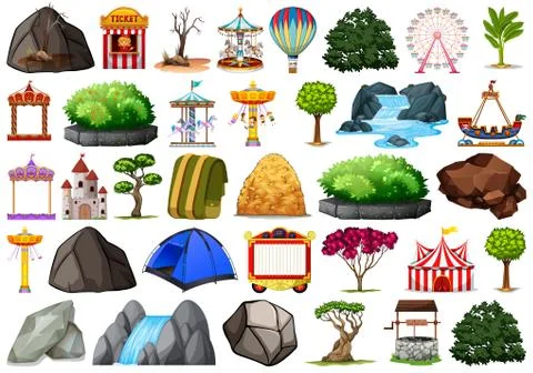 Collection of outdoor nature themed objects and plant elements Stock Illustration