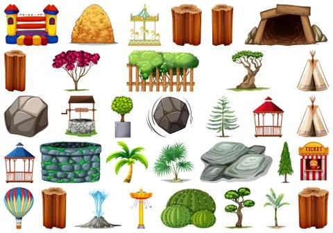 Collection of outdoor nature themed objects and plant elements Ilustração Stock