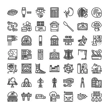 Collection of outline black vector icons illustrating diverse concepts Stock Illustration