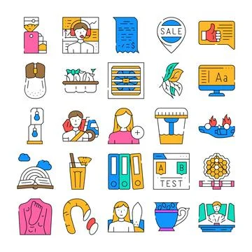 Collection of outline flat icons for various concepts Stock Illustration