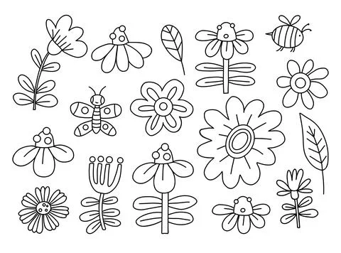 Collection outline flowers. Vector Isolated linear hand drawn plants and in.. Illustrazione stock