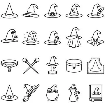 Collection of Outline Icons Featuring Various Witch Hats and Mystical Items Stock Illustration