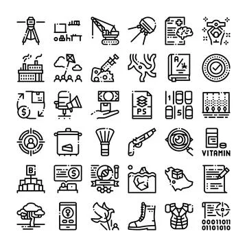 Collection of outline icons representing various scientific and technologic.. Stock Illustration