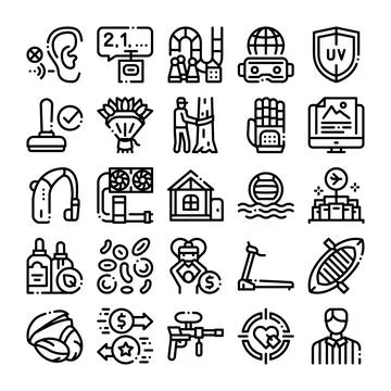 Collection of outline icons representing various concepts Stock Illustration