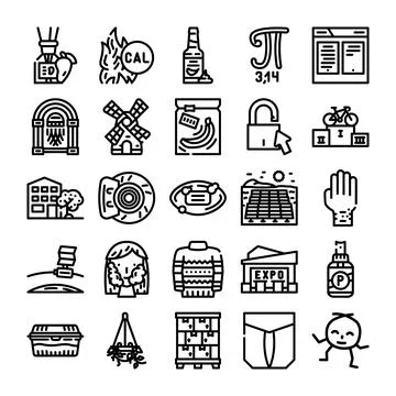 Collection of outline icons representing various objects and concepts Stock Illustration