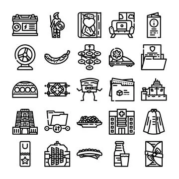 Collection of outline icons representing various objects and concepts Stock Illustration