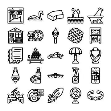 Collection of outline icons representing various objects and concepts Stock Illustration