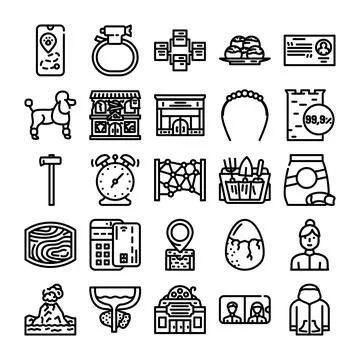 Collection of outline icons representing various objects Stock Illustration